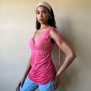Pink Free People ruched tassel tank shirt, Sz. Medium